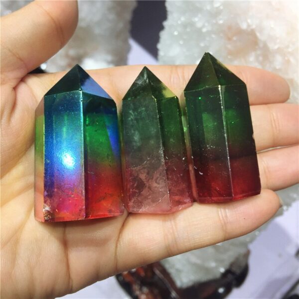 Crystal Healing~Natural crystal  quartz crystal specimen obelisk quartz crystal wand point double color electroplating aura Titanium coating 1pc
