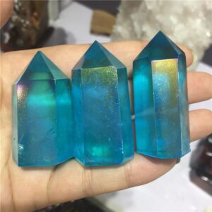 Crystal Healing~Natural crystal  quartz crystal specimen obelisk quartz crystal wand point electroplating blue aura quartz Titanium coating 1pcs