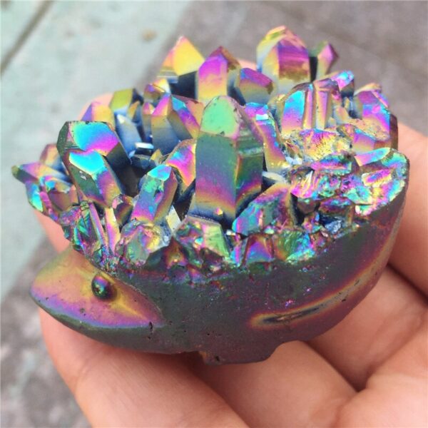 Crystal Healing~Natural electroplating multi-color crystal cluster hedgehog statuette reiki titanium alloy statuette meditation gift decoration