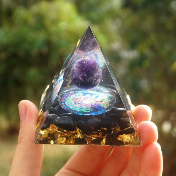 Orgone Pyramid~Orgonite Pyramid 60mm Amethyst Crystal Sphere With Obsidian Natural Cristal Stone Orgone Energy Healing Reiki Chakra Multiplier