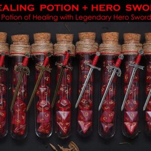 Potion Flask Dice~Potion of Healing & Legendary Hero Sword : Polyhedral Dice Set of 7 with RPG Fantasy Potion Flask | Dungeons and Dragons Dice | DnD Dice Set