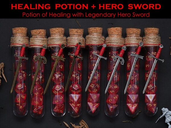 Potion Flask Dice~Potion of Healing & Legendary Hero Sword : Polyhedral Dice Set of 7 with RPG Fantasy Potion Flask | Dungeons and Dragons Dice | DnD Dice Set