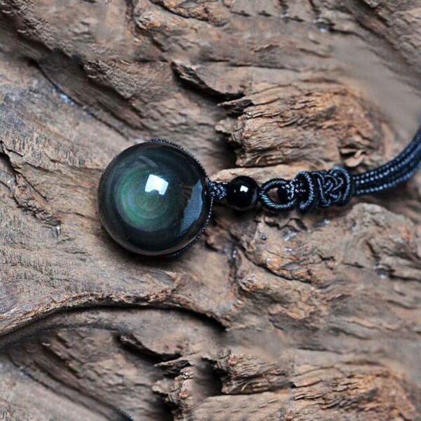 Natural Obsidian Rainbow Eye Transfer Good Luck Bead Pendant Necklace Polyester Rope Chain Necklace Jewelry