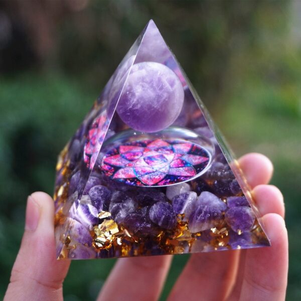 Amethyst Sphere with Amethyst Crystals Orgone Pyramid