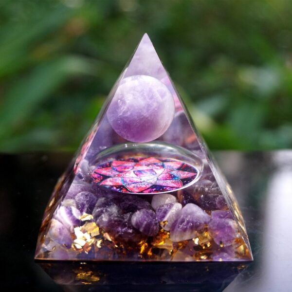 Amethyst Sphere with Amethyst Crystals Orgone Pyramid