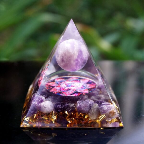 Amethyst Sphere with Amethyst Crystals Orgone Pyramid