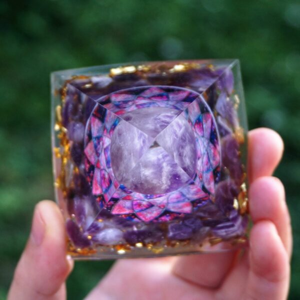 Amethyst Sphere with Amethyst Crystals Orgone Pyramid