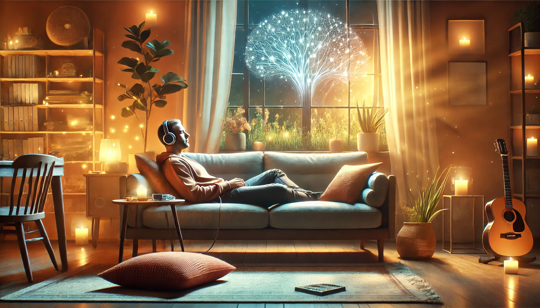Person relaxing with healing music on comfortable sofa