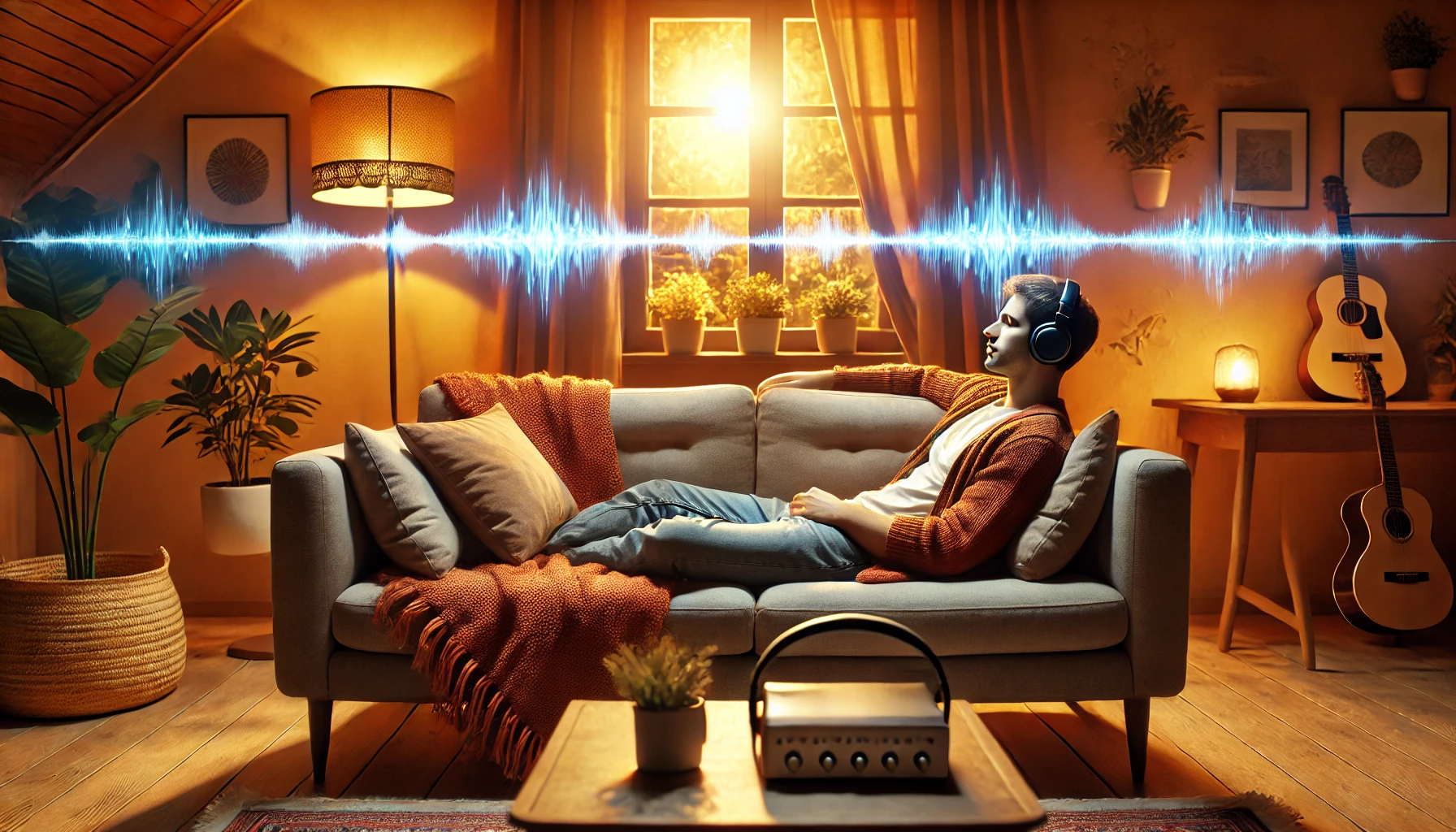 Person relaxing in calm environment with healing music