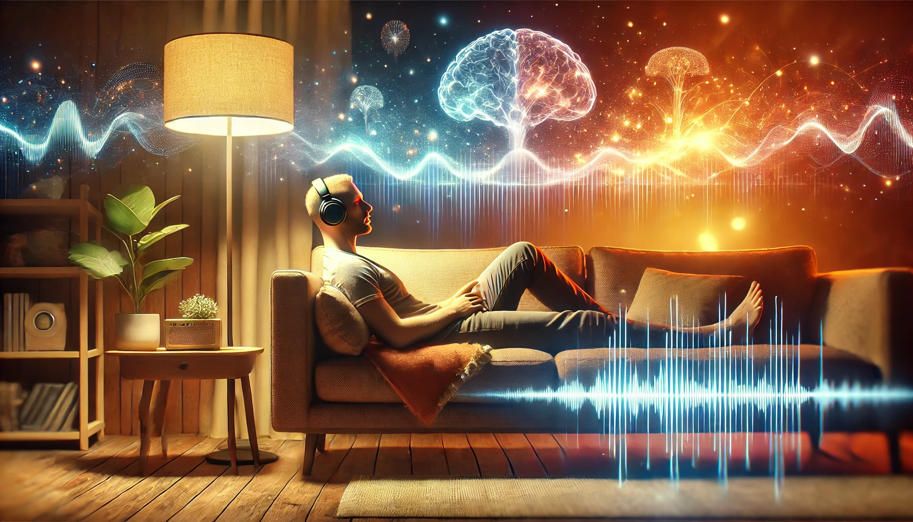 Person relaxing on sofa listening to healing music