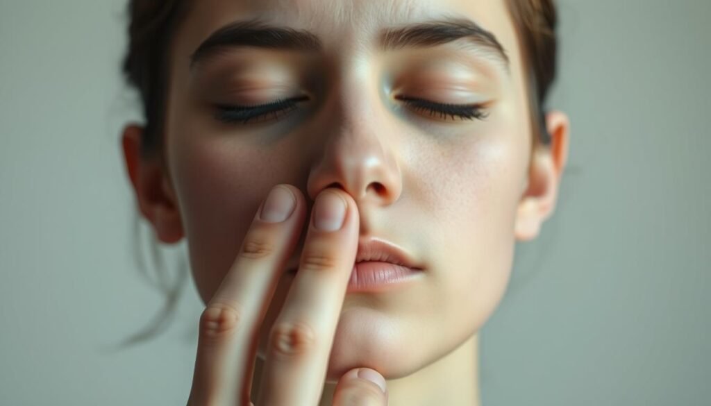 A close-up portrait of a person's face in soft, diffused lighting, with their eyes closed and their fingers gently pinching their nostrils. The scene conveys a sense of calm, introspection, and focused breathing. The background is blurred, creating a minimalist and meditative atmosphere. The image highlights the alternate nostril breathing technique, showcasing the precise hand positioning and the serene, centered expression of the subject.