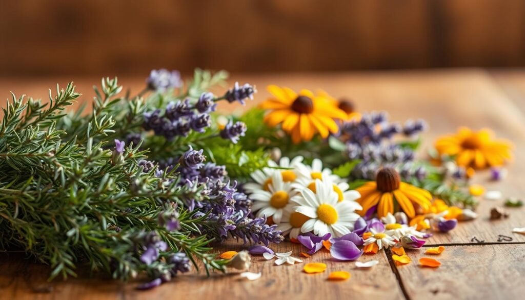 A close-up shot of an assortment of healing spell herbs arranged on a wooden table, bathed in warm, diffused lighting. In the foreground, a bundle of fragrant sage, rosemary sprigs, and lavender stalks with delicate purple flowers. In the middle ground, clusters of chamomile blossoms, echinacea, and calendula petals spill across the surface. The background is hazy, highlighting the textures and colors of the herbal ingredients. The overall composition conveys a sense of serenity, wellness, and the natural power of these botanicals used in healing spells.