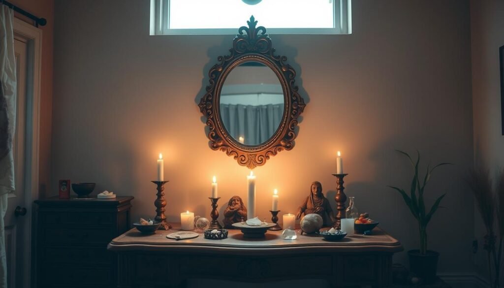 A cozy, intimate scene of a personalized home altar, illuminated by soft, warm lighting. In the foreground, a wooden altar table with intricate carvings, adorned with candles, crystals, and meaningful trinkets. Carefully arranged, these items reflect the occupant's spiritual beliefs and personal preferences. In the middle ground, a large, ornate mirror hangs on the wall, casting a reflective glow and creating a sense of depth. The background features a tranquil, minimalist setting, with a large window allowing natural light to filter in, casting a peaceful ambiance. The overall mood is one of contemplation, reverence, and a deep connection to the divine.