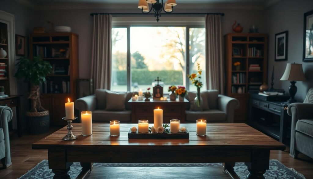 A cozy, well-lit living room, with a wooden table in the foreground serving as a simple yet elegant altar. Atop the altar, an array of candles, fresh flowers, and a small religious icon or statue, casting a warm, inviting glow. In the middle ground, a large window overlooking a peaceful, tree-lined backyard, bathed in soft, natural light. The background features bookshelves and other homely furnishings, creating a serene, contemplative atmosphere. The overall scene conveys a sense of reverence, tranquility, and a personal, meaningful connection to the divine.