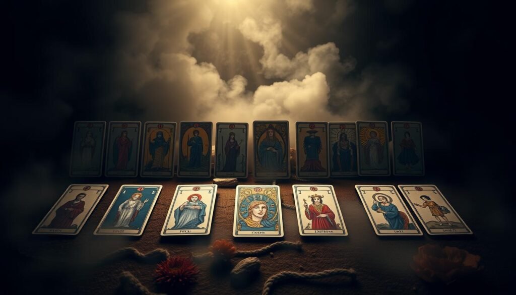 A dark, mystical spread of the 22 Major Arcana tarot cards, arranged in a visually striking layout. The cards, adorned with intricate illustrations, float against a hazy, ethereal background, bathed in a soft, warm light that casts dramatic shadows. The foreground showcases the key cards - the Fool, the Magician, the High Priestess, and the Empress - in crisp detail, their symbols and symbolism clearly visible. The middle ground features the remaining Major Arcana cards, each with its distinctive imagery, arranged in a harmonious, balanced composition. The background is shrouded in a moody, otherworldly atmosphere, hinting at the profound depth and significance of the Major Arcana. The overall scene evokes a sense of mysticism, introspection, and the timeless wisdom of the tarot.