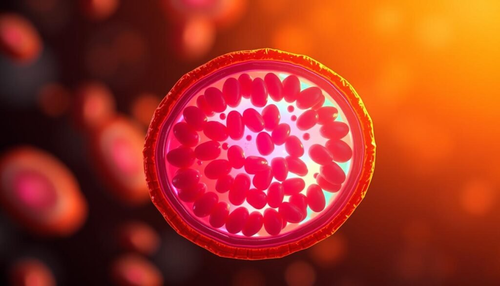 A detailed, scientifically accurate cross-section of a healthy mitochondrion in vibrant colors. Crisp, high-resolution rendering with a sleek, modern aesthetic. Mitochondrial cristae, outer membrane, and dense internal structure visible in the foreground, surrounded by a subtly glowing, translucent background suggestive of cellular energy. Subtle depth of field, warm lighting from multiple angles to highlight key organelle structures. Convey a sense of vitality, efficiency, and the essential role of mitochondria in cellular function and overall wellness.