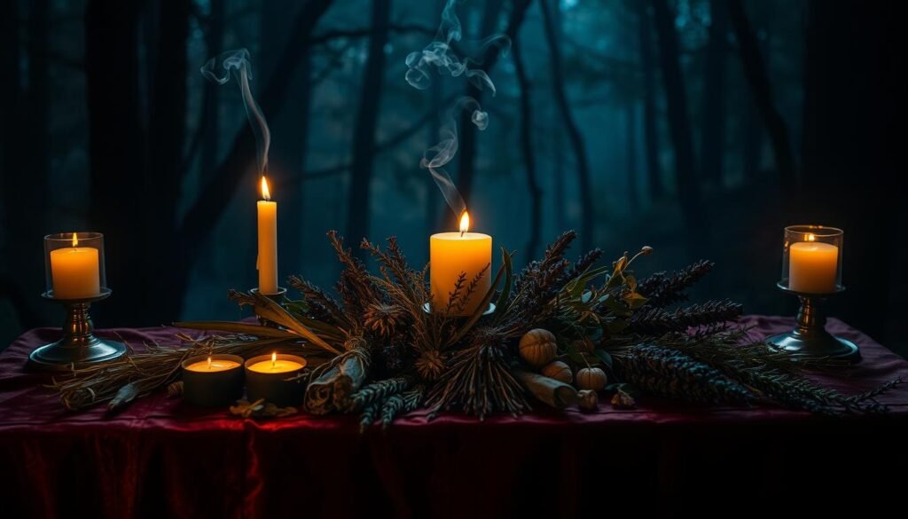 A dimly lit altar table, adorned with a tattered velvet cloth, holds an assortment of divination herbs arranged in a visually captivating layout. Clusters of dried sage, rosemary, mugwort, and lavender spill forth, their earthy hues complemented by the warm glow of candlelight. Wisps of fragrant smoke curl upwards, evoking a mystical, contemplative atmosphere. In the background, a shadowy, mysterious forest scene provides a tranquil, otherworldly backdrop, hinting at the ancient, esoteric nature of these sacred plants. The image is captured with a soft, cinematic lens, creating a sense of depth and a dreamlike quality, perfectly suited to illustrate the "Divination and Dream Magical Herbs" section of the article.