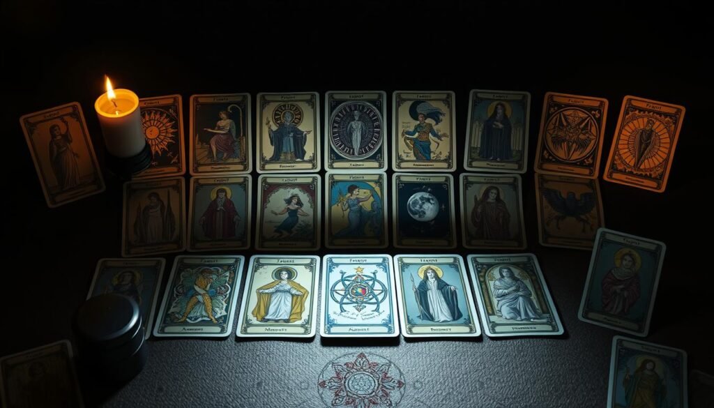A dimly lit, elegant tarot card spread featuring 22 intricately detailed Major Arcana cards arranged in a visually striking and harmonious composition. The cards are illuminated by a soft, warm glow, casting subtle shadows that add depth and dimension to the scene. The cards themselves are rendered with exceptional attention to the symbolism, imagery, and artistic style associated with each Arcana, ranging from the bold, archetypal figures of the Fool and the Magician to the more esoteric and symbolic representations of the Hierophant and the Moon. The background is a rich, muted palette that complements the cards, creating an atmosphere of mysticism and contemplation. The overall impression is one of reverence and wonder, capturing the essence of the Tarot's profound wisdom and significance.