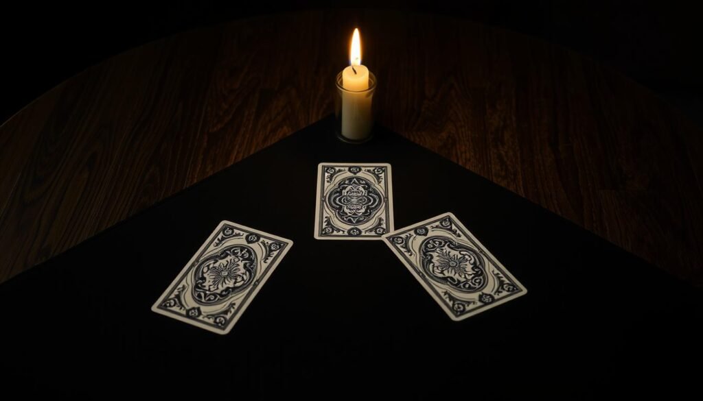 A dimly lit, elegant wooden table with a black tablecloth, upon which three tarot cards are delicately arranged in a triangular spread. The cards are depicted with intricate, vintage-inspired artwork, their designs casting soft, mystical shadows across the surface. Overhead, a single candle flickers, its warm glow illuminating the scene and creating a contemplative, otherworldly atmosphere. The composition is balanced, with the cards positioned with intentional, symbolic placement. The overall scene conveys a sense of ritual, divination, and the exploration of the major arcana.