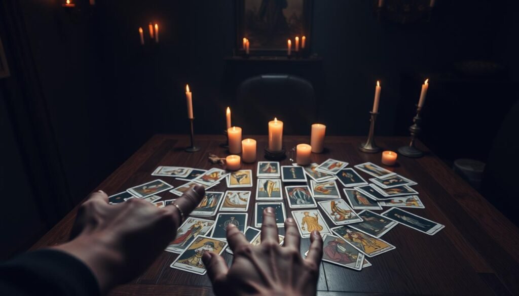A dimly lit room, candles flickering, casting an amber glow. At the center, a wooden table with a tarot spread gone awry - cards scattered, some upside down, others overlapping. The Major Arcana symbols - the Fool, the Magician, the Empress - seem to almost come alive, hinting at the mistakes and misunderstandings that can occur when reading these powerful archetypes. In the foreground, a hand hovers over the cards, hesitant, unsure. The atmosphere is one of uncertainty, a cautionary tale of the importance of patience, focus, and reverence when interpreting the wisdom of the Major Arcana.
