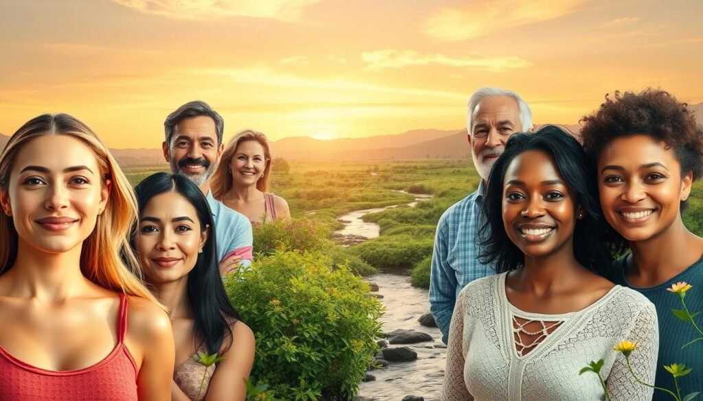 A diverse group of people representing different ages, genders, and ethnicities, all standing in a serene, nature-inspired setting. The foreground features individuals with radiant, glowing skin and an expression of calm, vibrant energy, symbolizing the rejuvenating benefits of Mitolyn. In the middle ground, a lush, verdant landscape with flourishing plants and a tranquil stream, reflecting the holistic, natural aspects of the supplement. The background showcases a warm, golden-hued sky with soft, wispy clouds, creating an atmosphere of serenity and well-being. Soft, diffused lighting gently illuminates the scene, emphasizing the natural, soothing qualities of Mitolyn.