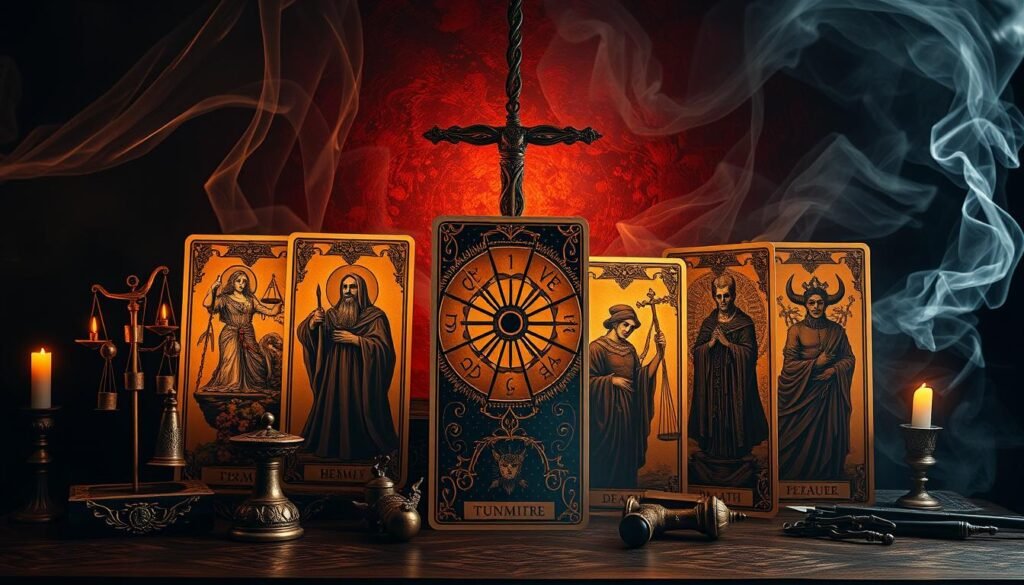 A lush, ornate tarot tableau featuring the middle eight Major Arcana cards against a rich, atmospheric background. Illuminated by warm, dramatic lighting, the cards are depicted with exquisite detail and symbolism - the Hermit, Wheel of Fortune, Justice, and the Hanged Man stand prominently in the foreground, surrounded by the Strength, Temperance, Death, and the Devil cards in the middle ground. Shadowy, ethereal energy swirls behind them, creating a sense of mysticism and the unseen. The composition is balanced and visually captivating, inviting the viewer to ponder the deeper meanings and interconnections of these powerful archetypes.