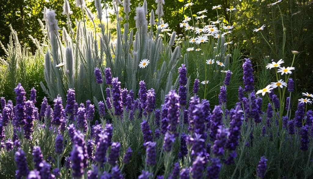 A lush, overgrown garden overflowing with an abundance of protective magical herbs. In the foreground, clusters of vibrant purple-hued lavender, their delicate petals swaying gently in the soft breeze. Intertwined with the lavender are thick sprigs of rosemary, their dark green, needle-like leaves exuding a calming, herbal aroma. In the middle ground, a dense thicket of silvery-gray sage, its fuzzy leaves rustling as if whispering ancient spells. Towering above, tall stalks of chamomile sway, their cheerful white blossoms adding a touch of serenity to the scene. Dappled sunlight filters through the canopy, casting a warm, ethereal glow over the tranquil, mystical garden. The overall atmosphere is one of potent, protective energy, inviting the viewer to step into this enchanted oasis.