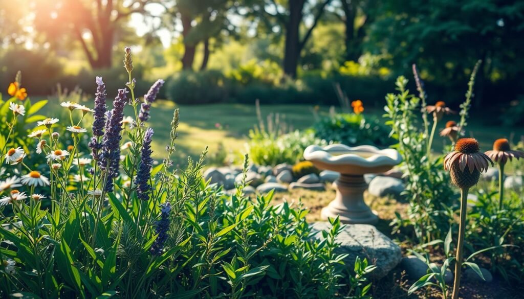 A lush, verdant garden bathed in soft, warm sunlight. In the foreground, a collection of healing herbs - vibrant green leaves, delicate flowers, and gently swaying stems. Chamomile, lavender, rosemary, and echinacea stand tall, their medicinal properties radiating an aura of restorative power. In the middle ground, a stone birdbath reflects the scene, surrounded by a mix of woodland plants and mossy rocks. Distant trees frame the tranquil tableau, their dappled shadows adding depth and a sense of serenity. The overall atmosphere is one of natural healing, inviting the viewer to immerse themselves in the therapeutic essence of these magical, restorative herbs.