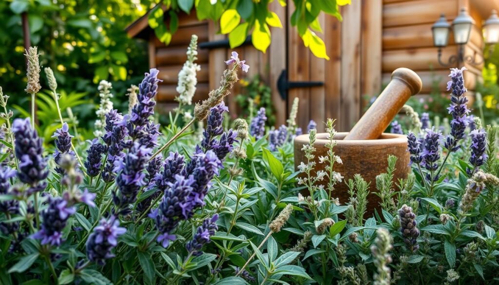 A lush, verdant garden filled with an array of healing spell herbs. In the foreground, clusters of vibrant green leaves and delicate purple flowers of lavender, rosemary, and sage. Wispy tendrils of white sage and fragrant sprigs of thyme dot the scene. In the middle ground, a large mortar and pestle stand, ready to grind the freshly harvested botanicals. The background features a wooden shed, its weathered planks and rustic charm providing a natural backdrop. Soft, diffused sunlight filters through the leaves, casting a warm, magical glow over the scene. An air of tranquility and spiritual nourishment permeates the image, inviting the viewer to partake in the ancient art of crafting healing spells with homegrown herbs.