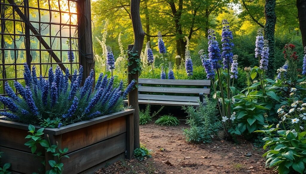 A lush, verdant garden filled with an enchanting assortment of magical herbs. In the foreground, a wooden planter box overflows with vibrant, otherworldly plants - lush lavender, fragrant rosemary, and shimmering moon-flowers. Vines and tendrils wind their way up rustic trellises, casting delicate shadows on the rich, loamy soil. In the middle ground, a weathered garden bench sits nestled among thriving, otherworldly specimens - towering hyssop, cascading chamomile, and glistening wolfsbane. The background is framed by a verdant, enchanted forest, its canopy filtering warm, golden light that bathes the scene in a mystical glow. An air of tranquility and wonder pervades the entire composition.