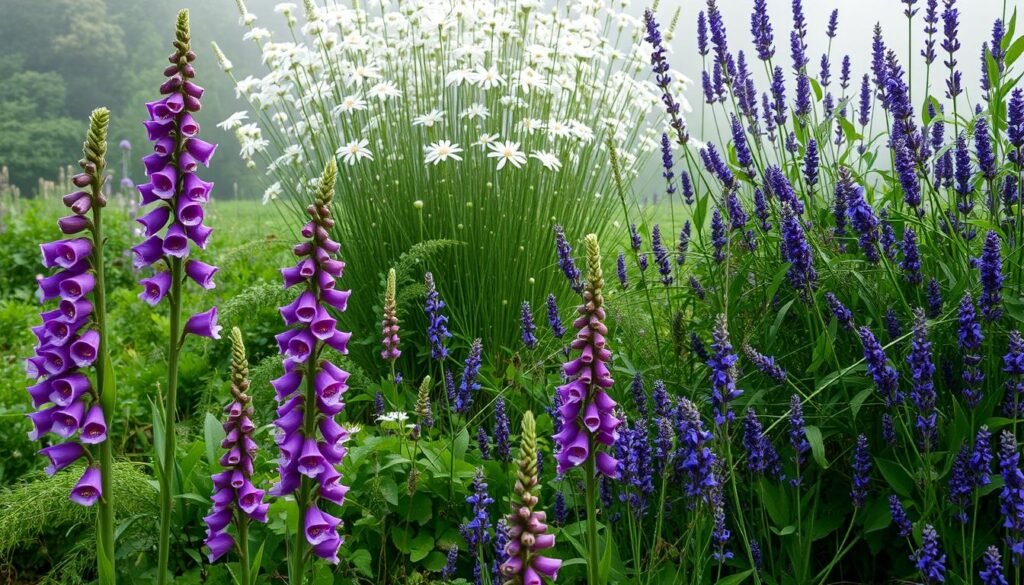 A lush, verdant garden overflowing with an array of magical herbs. In the foreground, vibrant purple foxgloves, their delicate bell-shaped blooms swaying gently in the breeze. Towering behind them, a thick cluster of tall, slender yarrow stalks, their white flowers shimmering in the soft, warm light. Intertwined amongst the herbs, vines of fragrant lavender creep across the ground, their violet hues complementing the other plants. In the background, a hazy mist shrouds the scene, lending an air of mystery and enchantment. The overall composition exudes a sense of harmony and the natural wonder of a witch's garden.