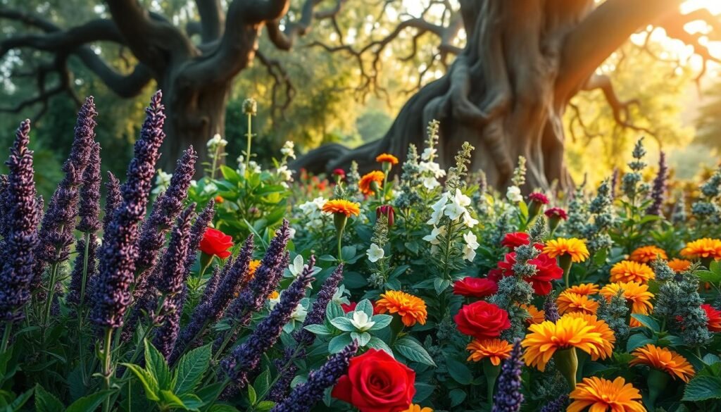 A lush, verdant garden overflowing with magical herbs for love and prosperity. In the foreground, a tightly composed arrangement of vibrant, otherworldly plants - shimmering violet lavender, deep crimson roses, and shimmering golden marigolds. The middle ground features a mix of fragrant, heart-shaped leaves, blooming white jasmine, and shiny green sage. In the background, a soft, hazy light filters through a canopy of ancient, gnarled trees, casting a warm, enchanted glow over the scene. The overall atmosphere is one of mysticism, natural beauty, and the promise of abundance and romantic fulfillment.