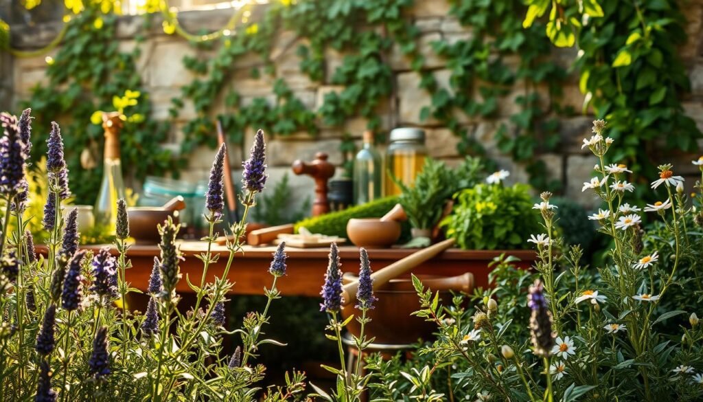 A lush, verdant garden with an abundance of healing spell herbs. In the foreground, a vibrant array of plants including lavender, rosemary, sage, and chamomile. Their delicate leaves and flowers sway gently in the soft, diffused lighting. In the middle ground, a wooden workbench holds an assortment of mortar and pestles, jars, and other apothecary tools. The background features a stone wall partially covered in trailing vines, creating a sense of enchantment and timelessness. The scene is bathed in a warm, golden glow, evoking a serene and restorative atmosphere. Sunlight filters through the leaves, casting dappled shadows and highlighting the rich, earthy tones of the herbs. An overall feeling of harmony, healing, and the magical potential of nature's bounty.