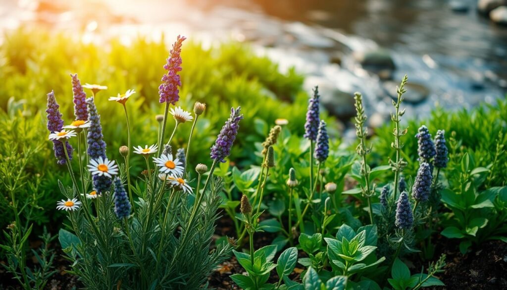 A lush, vibrant garden filled with an array of healing herbs. In the foreground, a cluster of chamomile, lavender, and rosemary stands tall, their delicate petals and fragrant leaves shimmering in the soft, diffused light. In the middle ground, a mix of sage, mugwort, and lemon balm create a soothing, therapeutic atmosphere, their verdant hues complemented by the warm, earthy tones of the soil. In the background, a gently flowing stream reflects the tranquil scene, its gentle ripples adding a sense of peaceful serenity. The overall composition evokes a feeling of harmony, inviting the viewer to pause, breathe, and connect with the restorative power of nature. Cinematic lighting, a shallow depth of field, and a dreamlike, ethereal quality bring this scene of emotional and spiritual healing to life.
