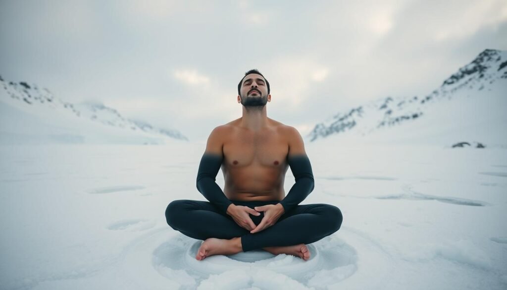 A man seated cross-legged on a snowy, mountainous landscape, his eyes closed and hands resting on his knees. He is barefoot, wearing only a black wetsuit, as he practices the Wim Hof breathing technique, immersed in the icy, cold environment. The scene is captured with a wide-angle lens, conveying a sense of solitude and the vastness of the natural setting. Soft, diffused natural lighting illuminates the man's focused expression, creating a contemplative, meditative atmosphere. The background features snow-capped peaks and a cloudy, overcast sky, emphasizing the harsh, yet serene conditions in which the Wim Hof method is performed.