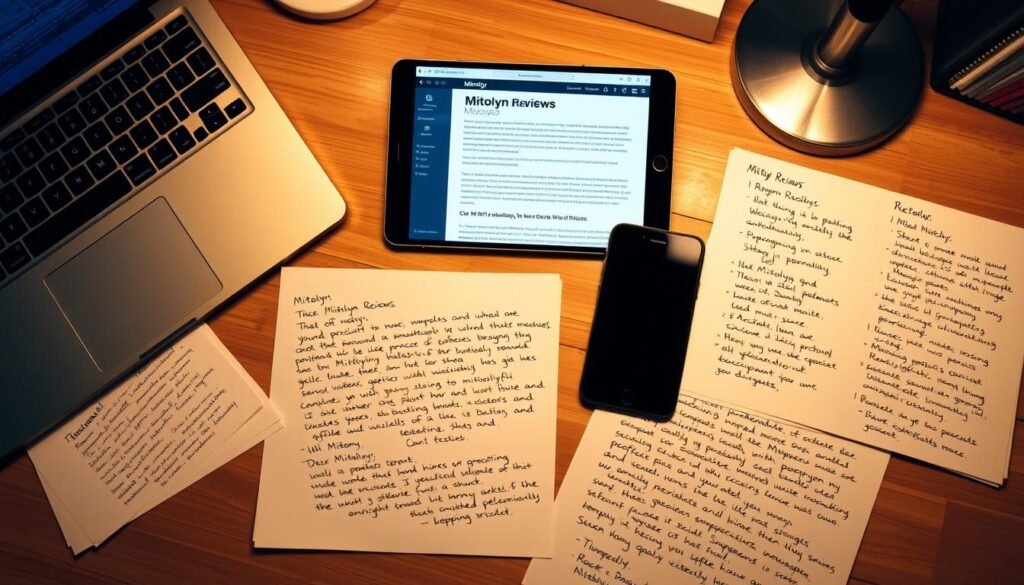 A neatly organized desktop with a laptop, smartphone, and several pages of handwritten notes. The pages feature testimonials and customer reviews of the Mitolyn supplement, each one written in a unique, legible script. The laptop screen displays a webpage showcasing positive Mitolyn reviews, the text crisp and clear. Soft, warm lighting illuminates the scene, creating a cozy, inviting atmosphere. The overall composition conveys a sense of authenticity and trustworthiness, reflecting the real-life experiences of Mitolyn users.