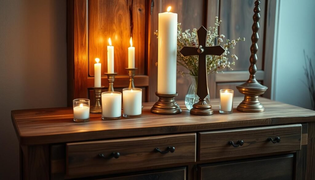 A rustic wooden altar, constructed from repurposed furniture elements - an ornate vintage dresser drawer, a sturdy oak tabletop, and weathered barn wood accents. The centerpiece is illuminated by soft, warm lighting, casting a reverent glow over the sacred space. Votive candles flicker, and a single, large pillar candle stands tall, symbolizing the divine presence. Carefully curated objects - a carved wooden cross, a vase of fresh wildflowers, and a tarnished brass incense burner - adorn the altar, creating an atmosphere of contemplation and devotion. The scene is captured in a medium close-up, emphasizing the handcrafted details and intimate scale of this homemade sacred space.