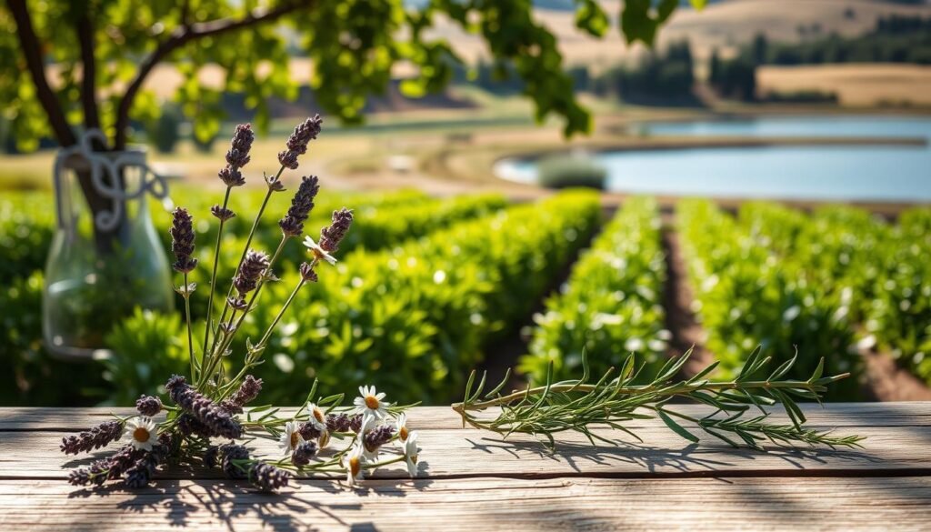 A serene garden scene with a variety of healing herbs in the foreground. Delicate sprigs of lavender, chamomile, and rosemary are carefully arranged on a weathered wooden table, bathed in soft, diffused lighting. In the middle ground, rows of lush, verdant plants sway gently in a light breeze, their leaves casting playful shadows. The background features a gently rolling landscape, with a tranquil pond reflecting the azure sky above. The overall atmosphere is one of peaceful tranquility, inviting the viewer to pause and appreciate the restorative power of nature's gifts.