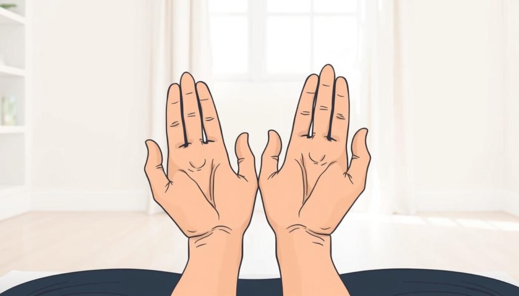 A serene, minimalist illustration of the box breathing technique. In the foreground, a person's hands, palms facing up, resting gently on their lap. The background features a clean, tranquil environment - perhaps a simple, uncluttered room with soft, natural lighting filtering in through a window. The overall mood is one of calm focus and mindfulness, conveying the essence of the 4-4-4-4 box breathing exercise.