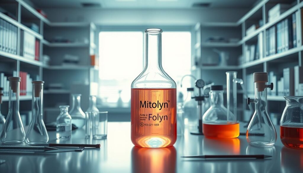 A serene, well-lit laboratory setting with a central glass beaker filled with a vibrant, glowing liquid. The beaker is surrounded by scientific instruments, test tubes, and various measurement devices, all arranged in a visually appealing and symmetrical composition. The background features shelves lined with medical and pharmaceutical references, conveying a sense of expertise and professionalism. The lighting is soft and diffused, creating a warm, inviting atmosphere that highlights the safety and efficacy of the &amp;quot;Mitolyn&amp;quot; substance within the beaker. The overall impression is one of a safe, trustworthy, and scientifically rigorous product.