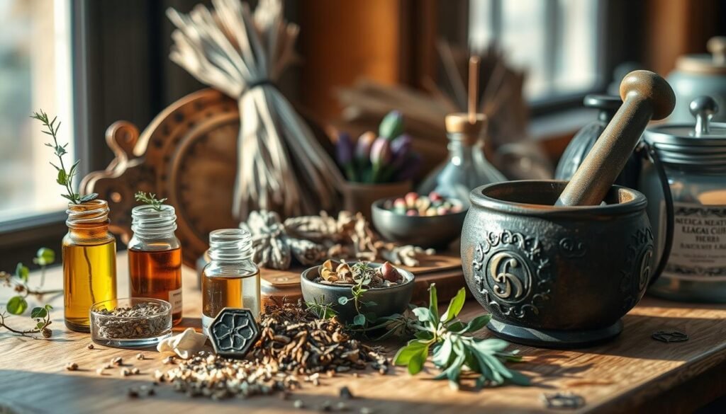 A still life arrangement of various magical herb preparations, captured in soft, warm lighting that casts gentle shadows. In the foreground, a mortar and pestle with crushed dried herbs, vials of tinctures and essential oils, and a sprig of fresh herbs. The middle ground features an ornate wooden board with bundles of dried herbs, a small pewter bowl of dried flowers, and a decorative ceramic jar. The background is blurred, hinting at a window or bookshelf, creating a cozy, alchemical atmosphere. The overall tone is earthy, mystical, and inviting, conveying the craft and care of working with botanical allies.