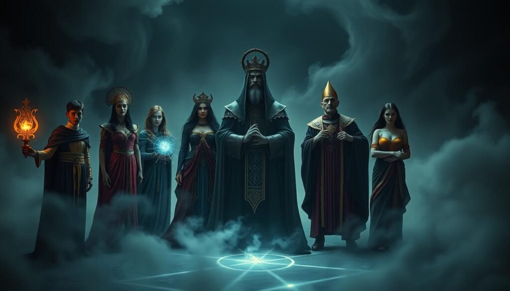 A visually arresting tableau of the first seven Major Arcana tarot cards, captured in a moody, mystical light. In the foreground, the Fool, the Magician, the High Priestess, and the Empress stand in a semicircle, their symbolic attributes glowing with an otherworldly radiance. In the middle ground, the Emperor, the Hierophant, and the Lovers loom, their expressions inscrutable. The background is shrouded in swirling mists, hinting at the unseen mysteries of the Tarot. The scene is rendered with a sense of reverence and ancient power, inviting the viewer to ponder the arcane wisdom of these iconic archetypes.