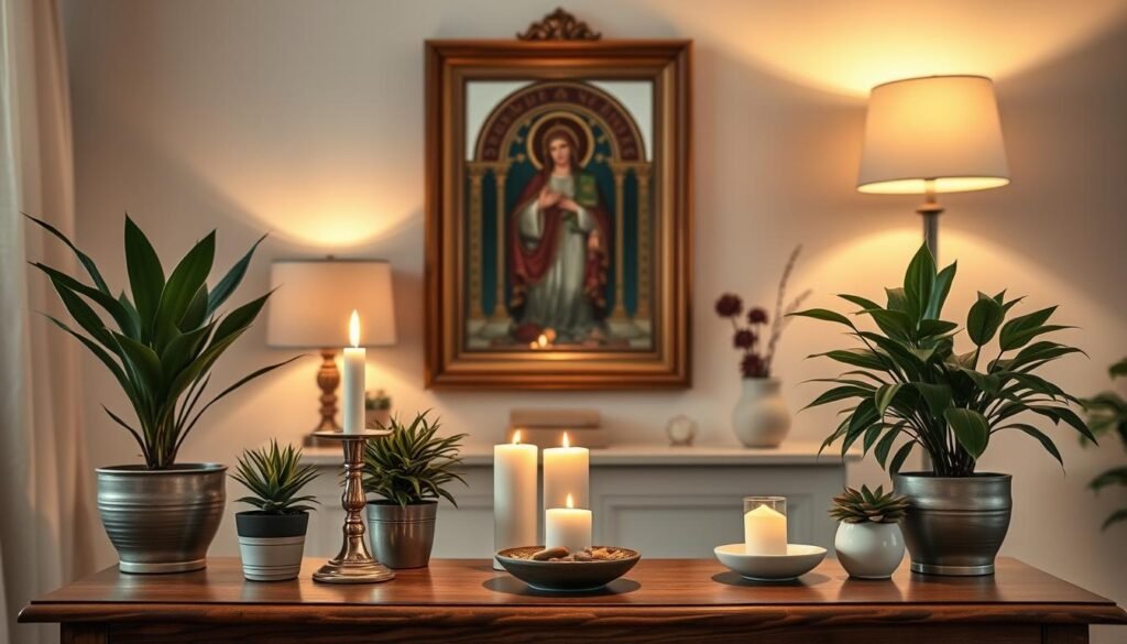 A well-lit, elegant home altar showcasing essential elements for spiritual practice. In the foreground, a wooden altar table holds a central candle, flanked by potted plants and a small bowl of incense. In the middle ground, a large mirror reflects the arrangement, adding depth. On the wall behind, a beautifully framed religious icon or artwork creates a focal point. Soft, warm lighting from a nearby lamp bathes the scene in a contemplative glow. The overall mood is one of serenity, inviting the viewer to pause and connect with the divine.