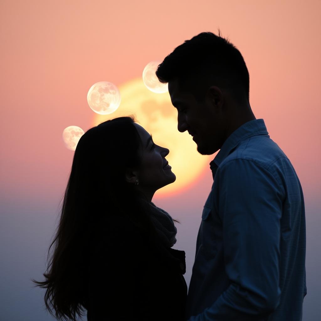 Couple connecting with moon phases in background representing relationship compatibility