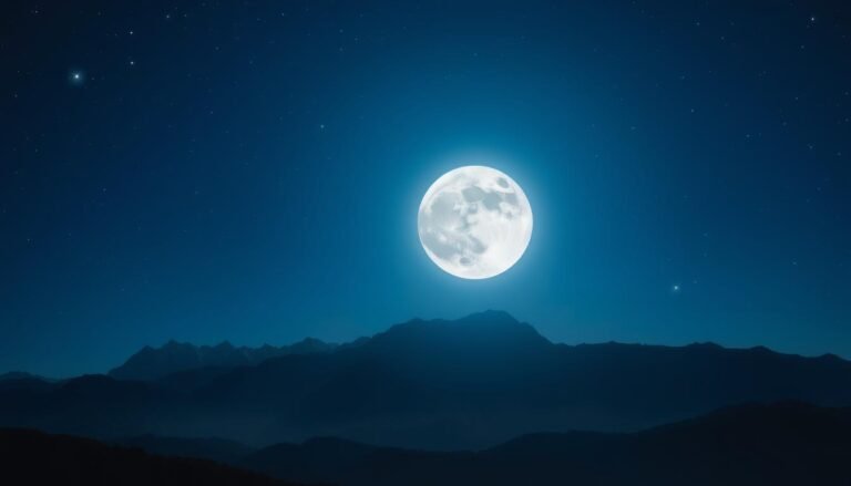 Full moon rising over mountains with stars in night sky