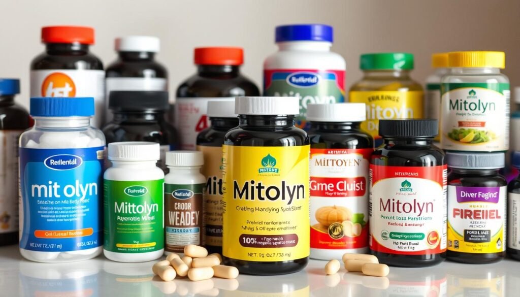 Generate an image of Mitolyn packaging alongside traditional weight loss supplements.