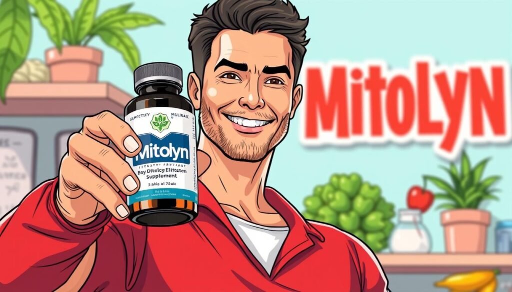 Generate an image of a person holding a bottle of Mitolyn supplement