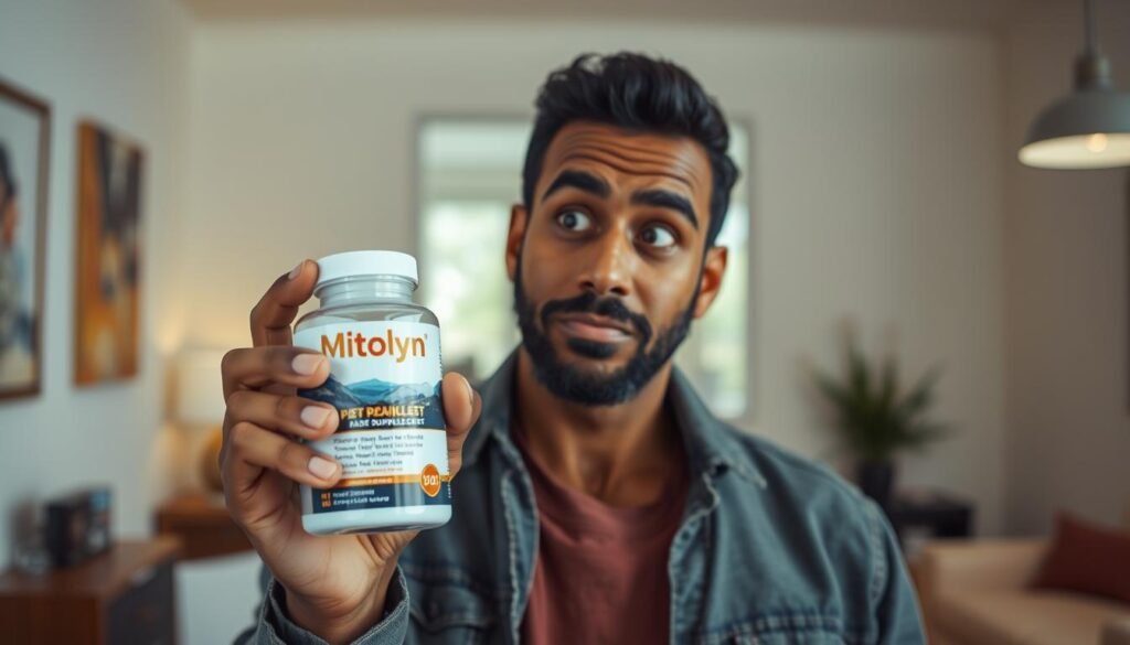 Generate an image of a person holding a bottle of Mitolyn supplements with a curious expression.