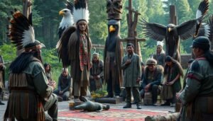 Native American spirit animal ceremony with eagle feathers and totems