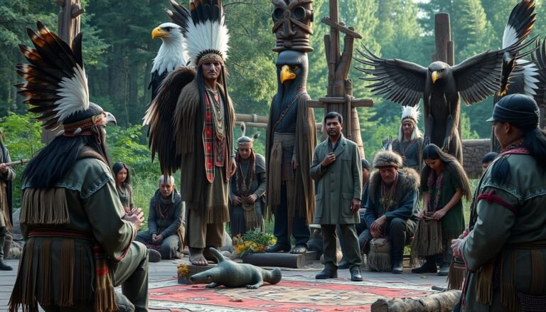 Native American spirit animal ceremony with eagle feathers and totems